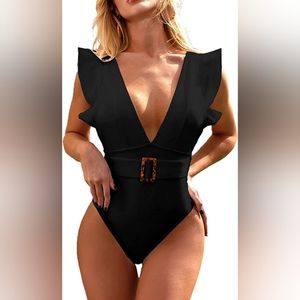 Sexy Deep plunge V Neck Ruffle Swimsuit NWT